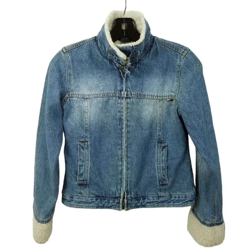 Tommy Hilfiger Kids Vintage Denim Jacket Blue Sz L Faux Sherpa Collar Cuffs Logo - Picture 8 of 13